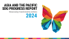 Banner and branding in SDG-colored butterfly shape (symbolizing butterfly effect) for the launch of SDG Progress Report 2024